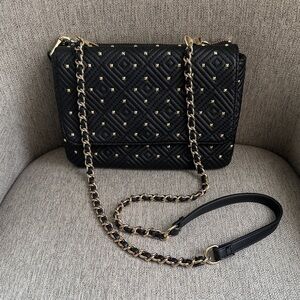 INC Vachetta Crossbody Clutch Handbag Purse Black w Gold Accent Removable Chain